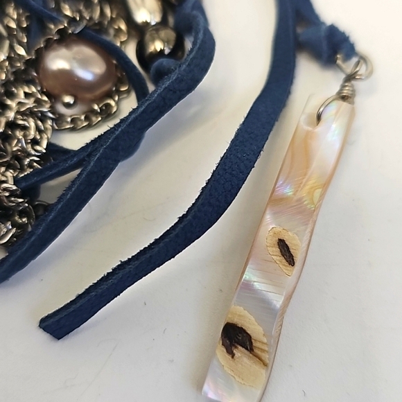 Chico's Denim Blue Suede Boho Necklace w Silver Baubles & Fringe Pendant Western - Picture 4 of 13